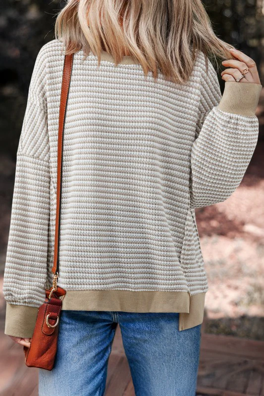 Stripe Ribbed Trim Drop Shoulder Top - Image 8