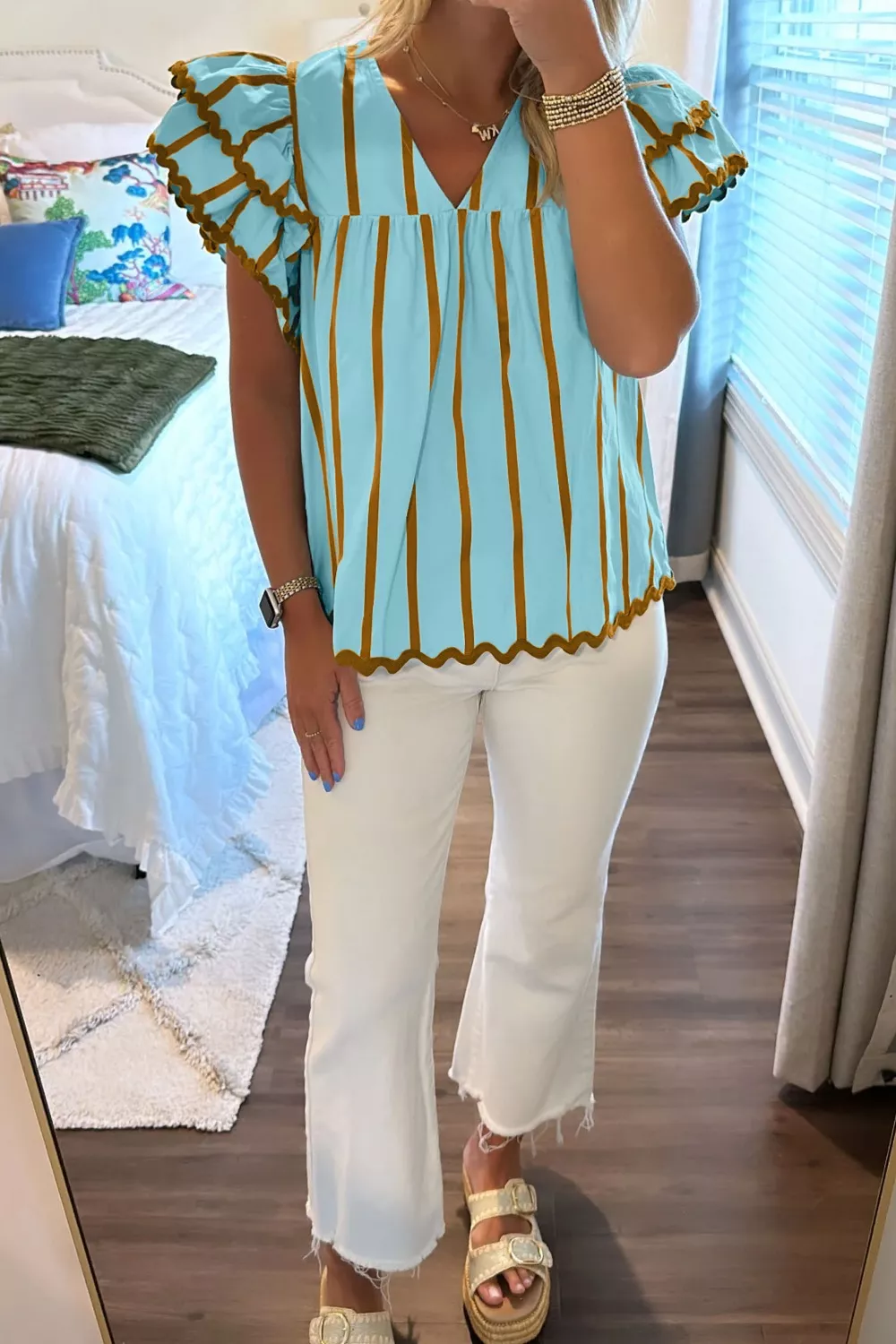 Stripe Ricrac Trim Double Ruffled Short Sleeve V Neck Blouse - Image 2