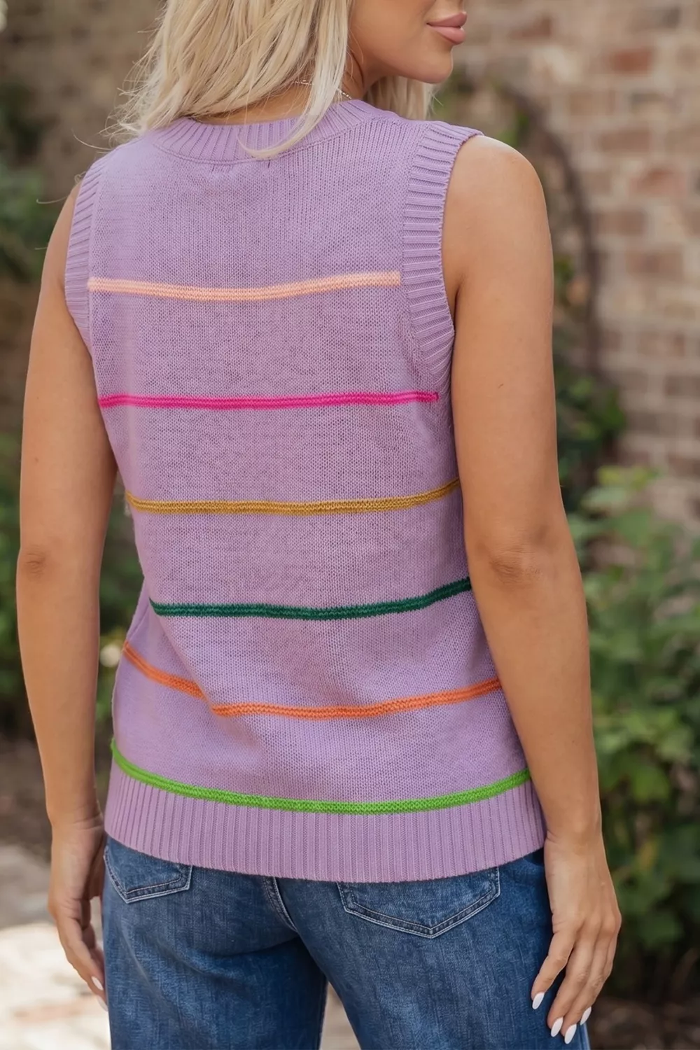 Stripe Round Neck Knitted Sweater Tank - Image 2
