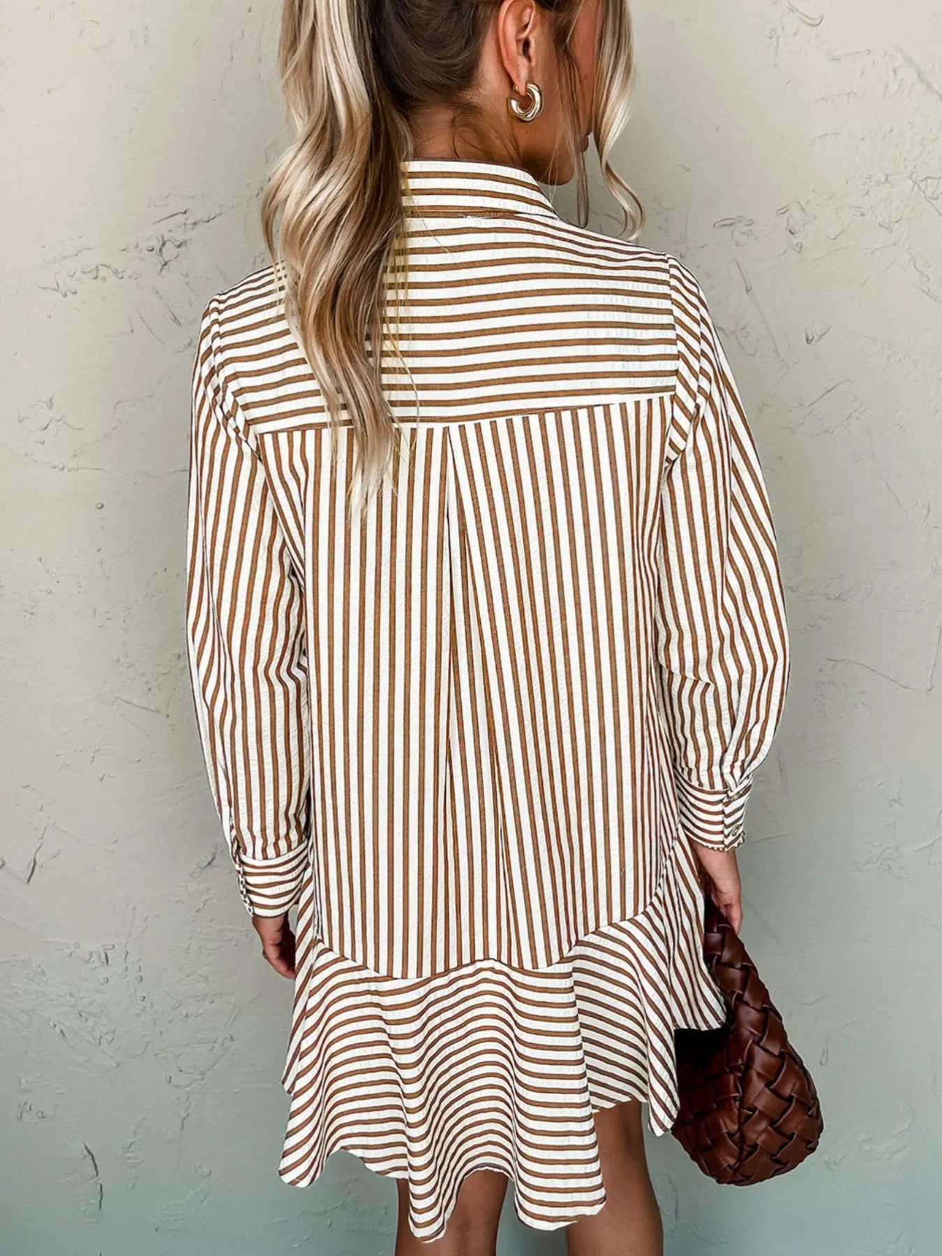 Stripe Ruffled Hem Collared Long Sleeve Shirt Mini Dress - Image 3