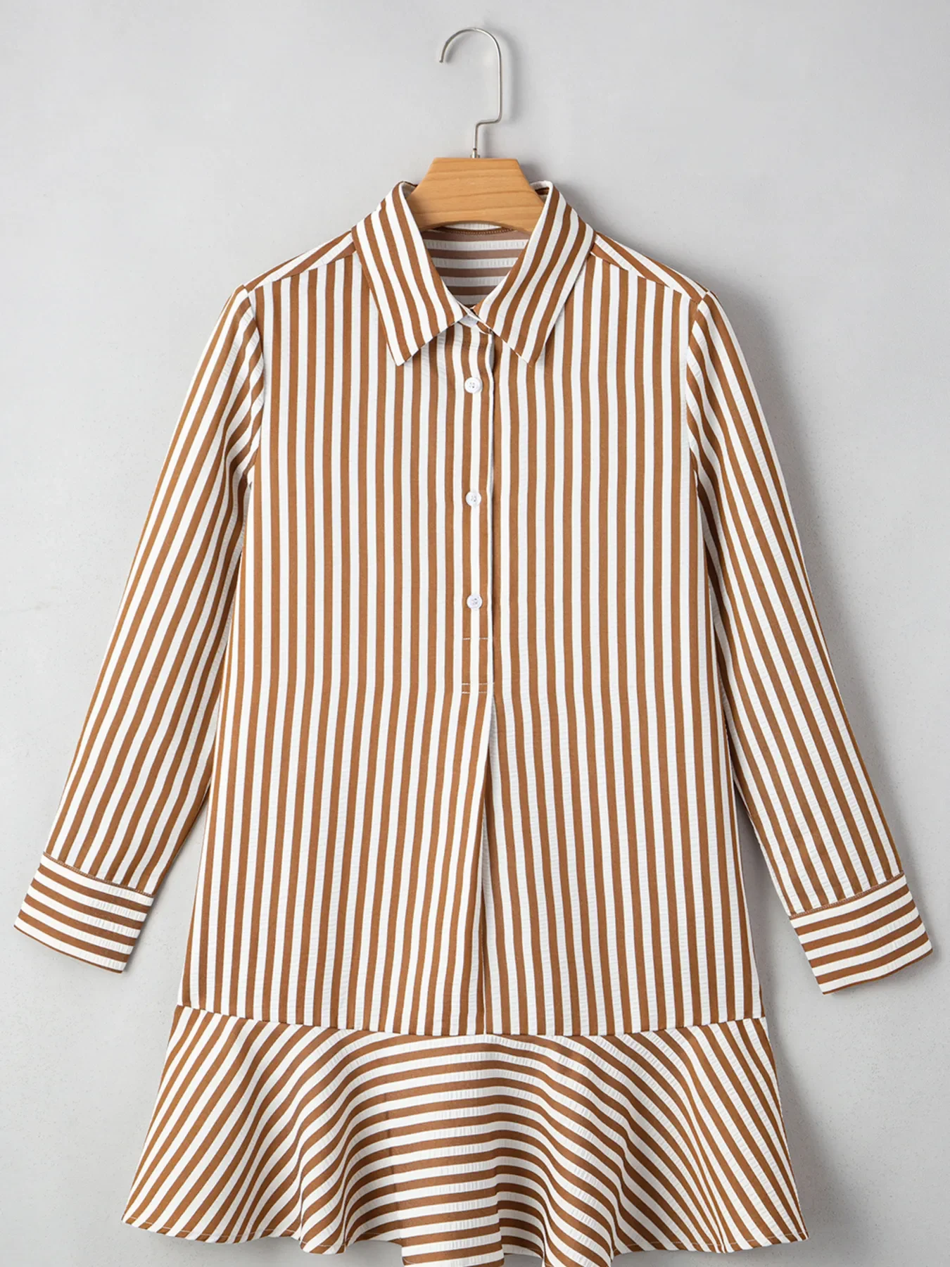 Stripe Ruffled Hem Collared Long Sleeve Shirt Mini Dress - Image 4