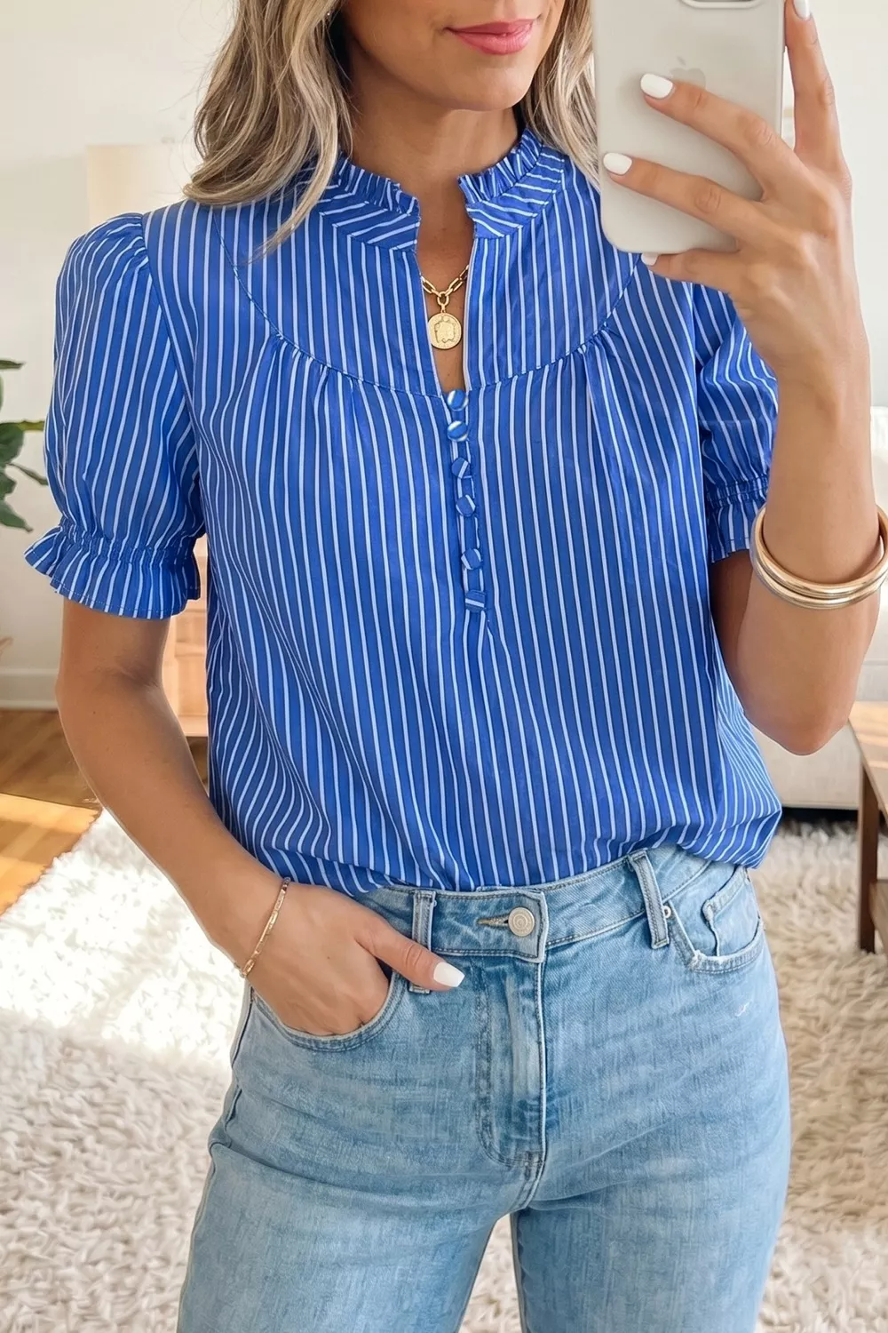 Stripe Ruffled Short Puff Sleeve Button Front Blouse - Image 2