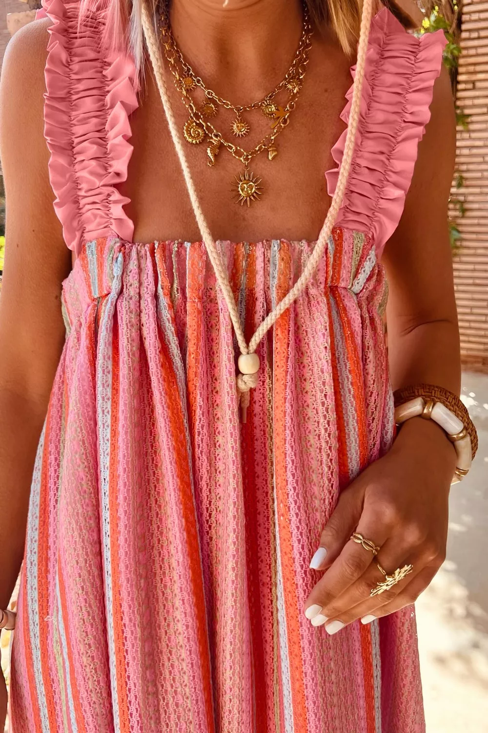 Stripe Ruffled Straps Ribbon Knot Flowy Vacation Maxi Dress - Image 3