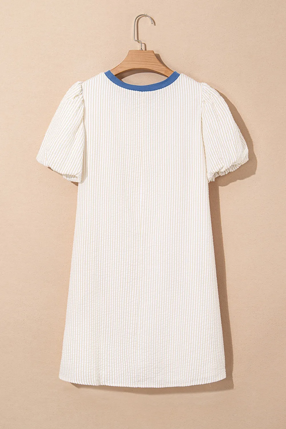 Stripe Seersucker Contrast Round Neck Puff Sleeve T Shirt Dress - Image 5