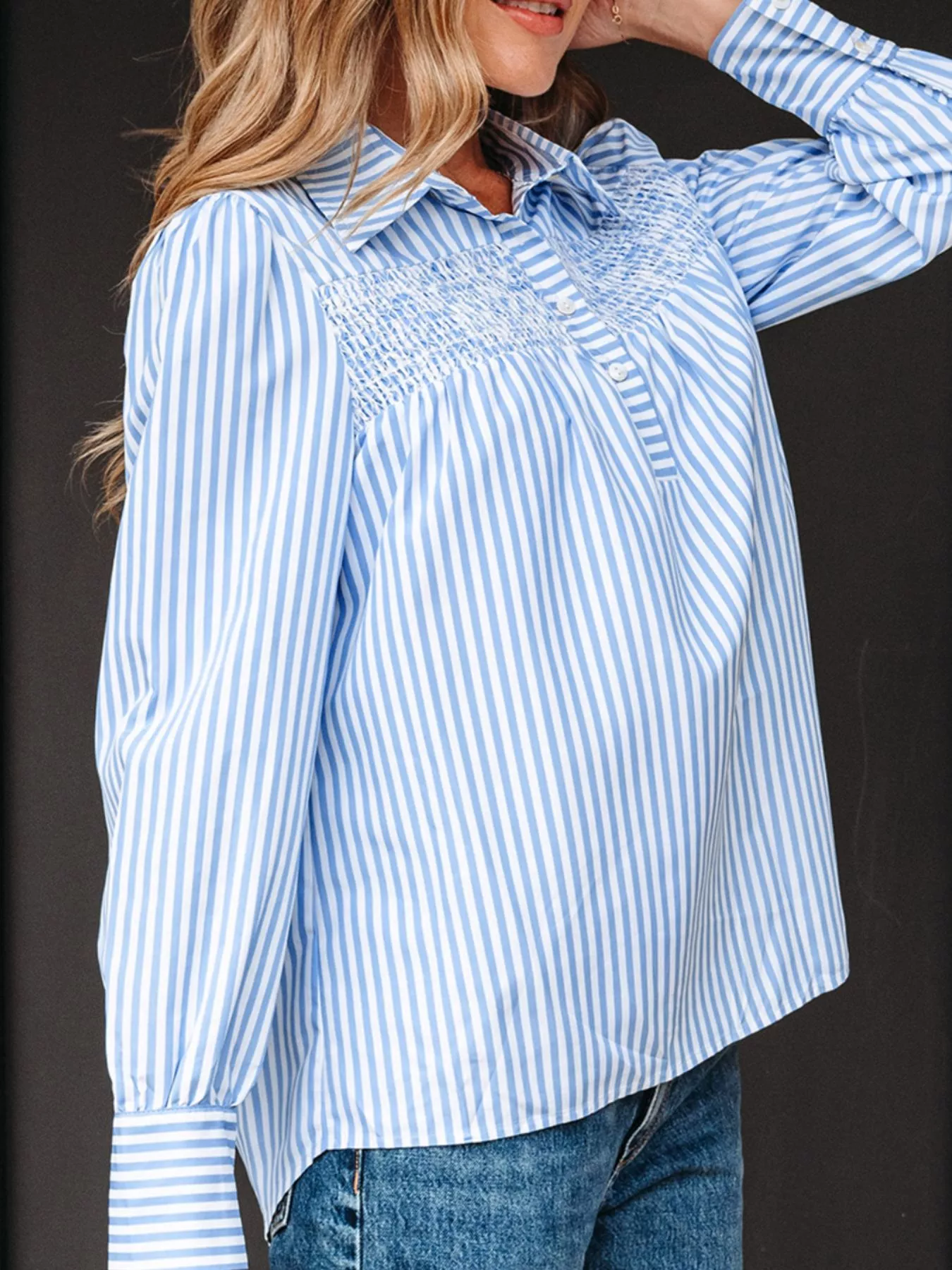 Stripe Shirred Detail Half Placket Collared Long Sleeve Shirt - Image 4