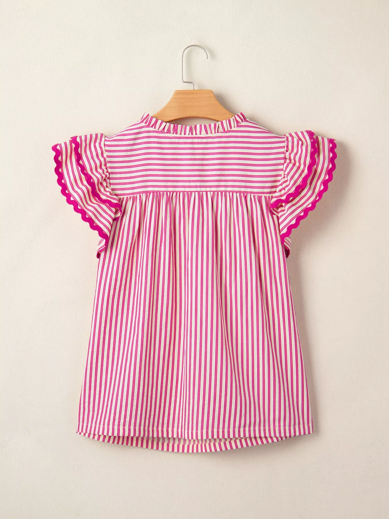 Stripe Shirred Yoke Ruffled Short Sleeve Blouse - Image 8