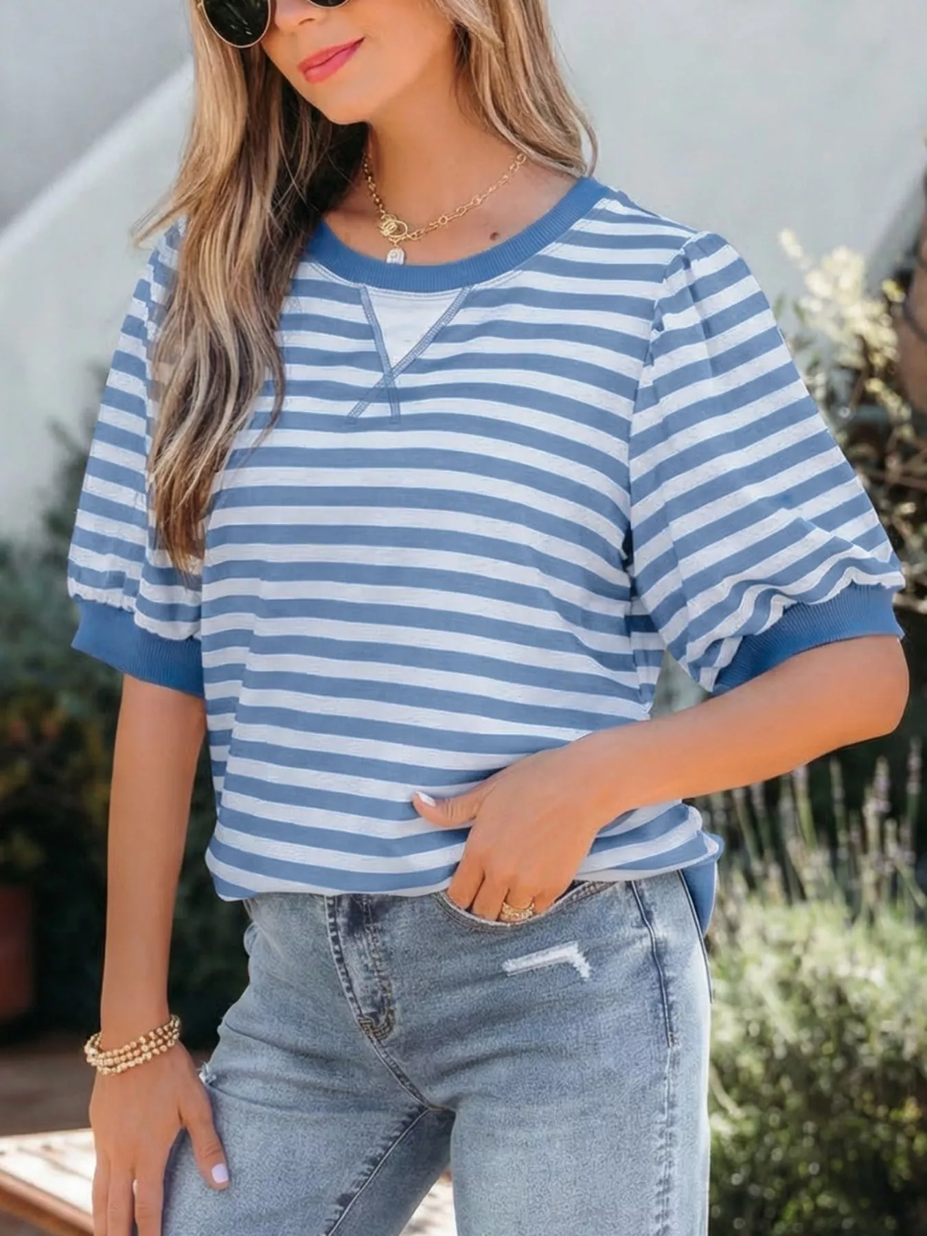Stripe Short Bubble Sleeve T Shirt - Image 3