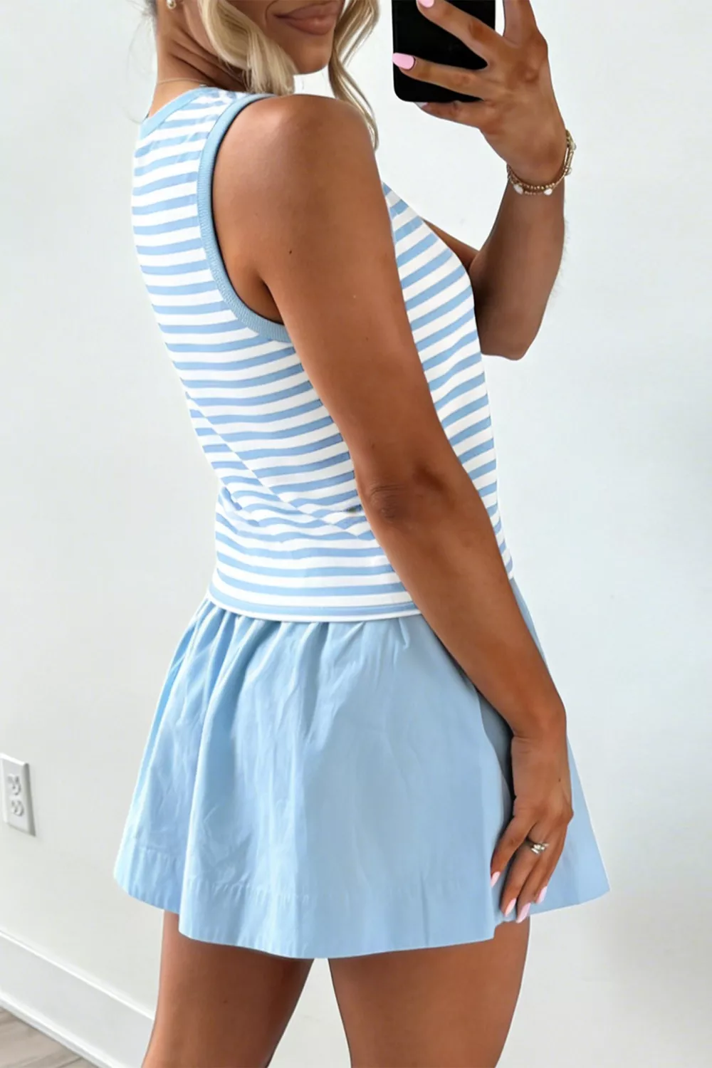 Stripe Slim Tank Contrast Ruffle Mini Skort Set - Image 4