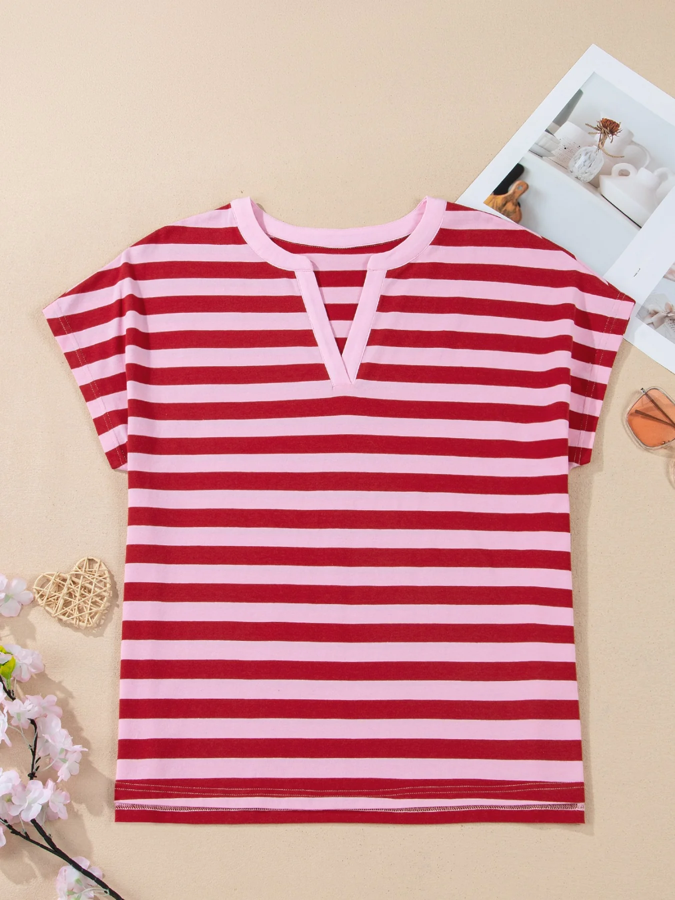 Stripe Split V Neck Casual T Shirt - Image 3
