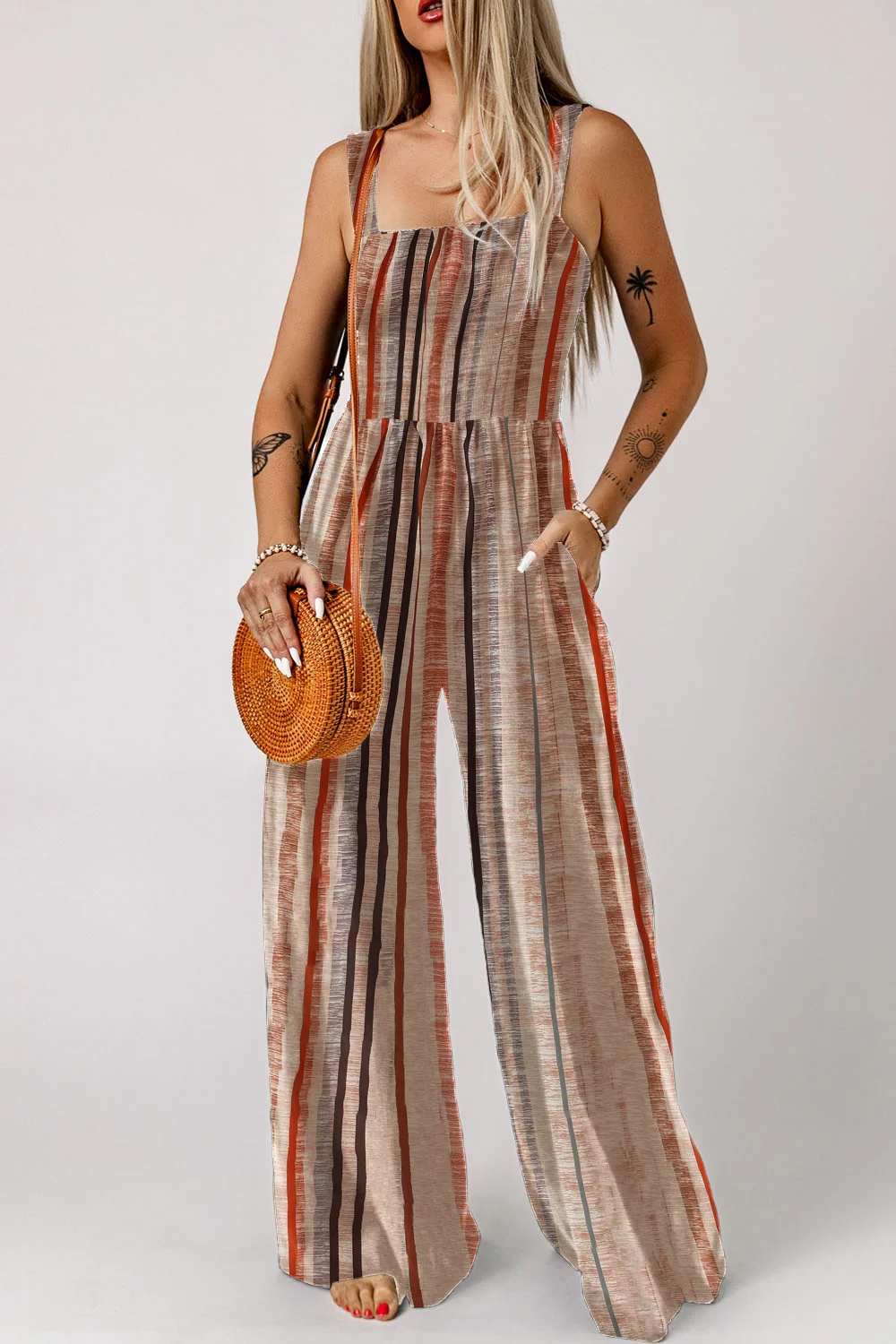 Stripe Square Neck Sleeveless Smocked Bodice Wide Leg Jumpsuit - Image 2