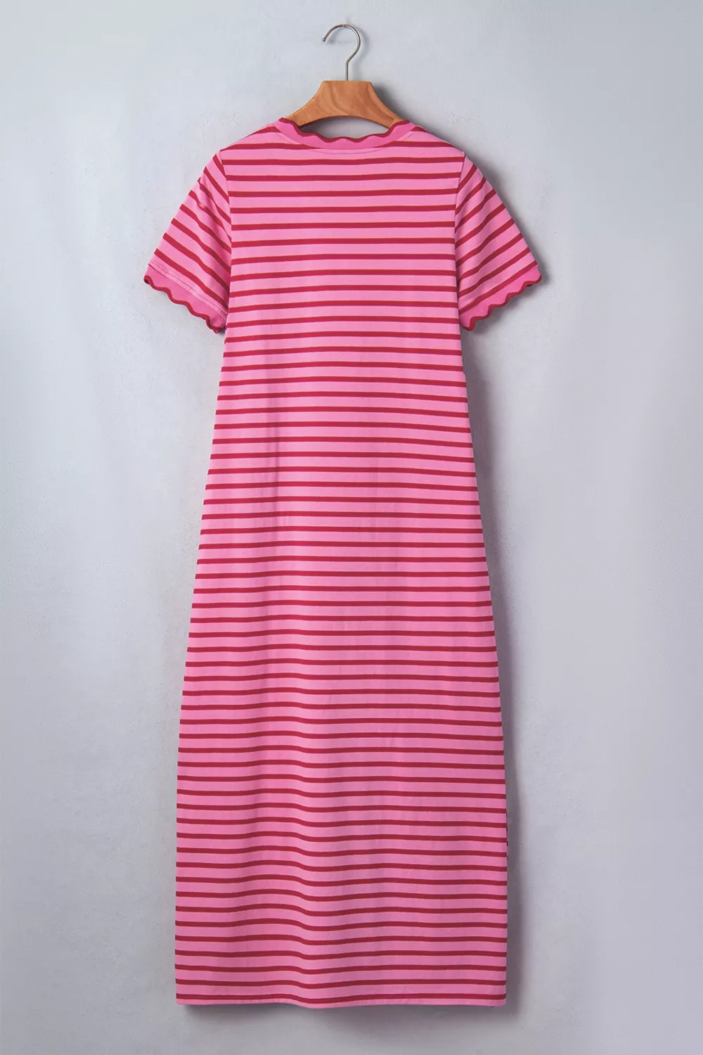Stripe Striped Short Sleeve Scalloped Trim Side Slit Maxi Tee Dress - Image 7