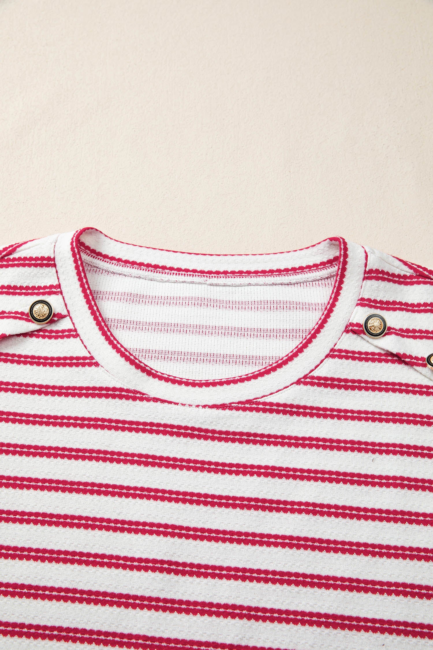 Stripe Textured Knit Button Detail Short Sleeve Casual Tee - Image 6