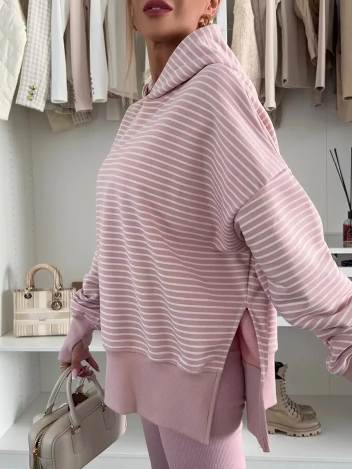 Stripe Thumbhole Side Slits Drop Shoulder Loose Fit Hoodie - Image 3