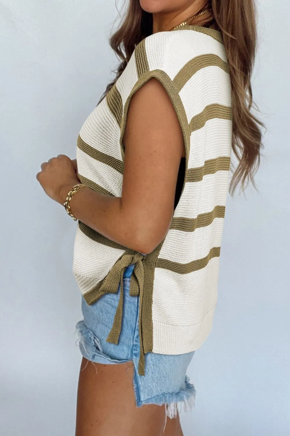 Stripe Tie Open Side Sweater Knitted Top - Image 3