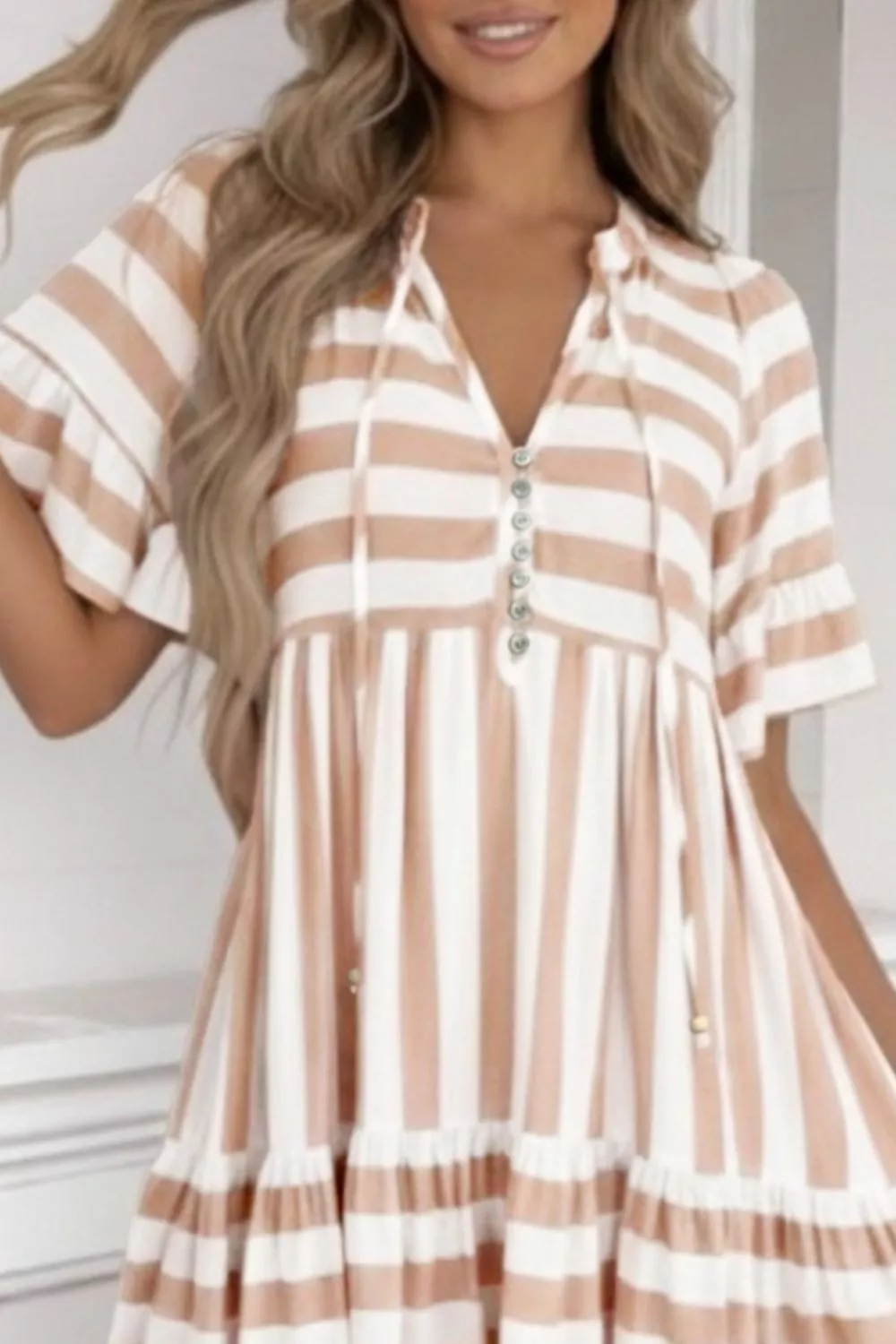 Stripe Tie V Neck Ruffle Trim Short Sleeve Flared Summer Dress - Image 3