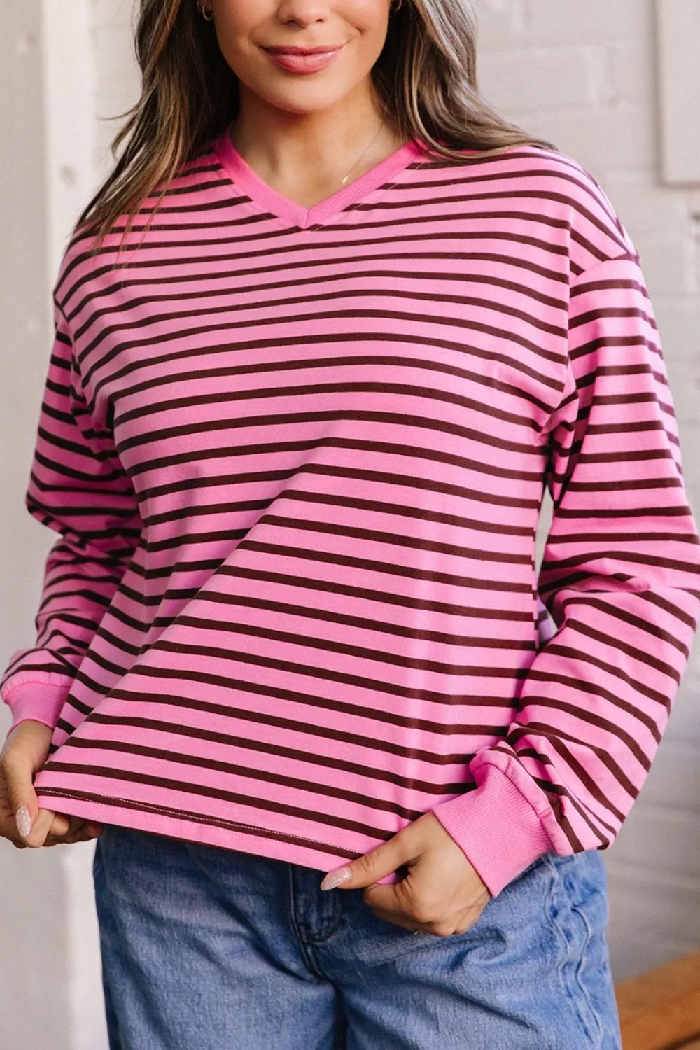 Stripe V Neck Drop Shoulder Long Sleeve Top - Image 5