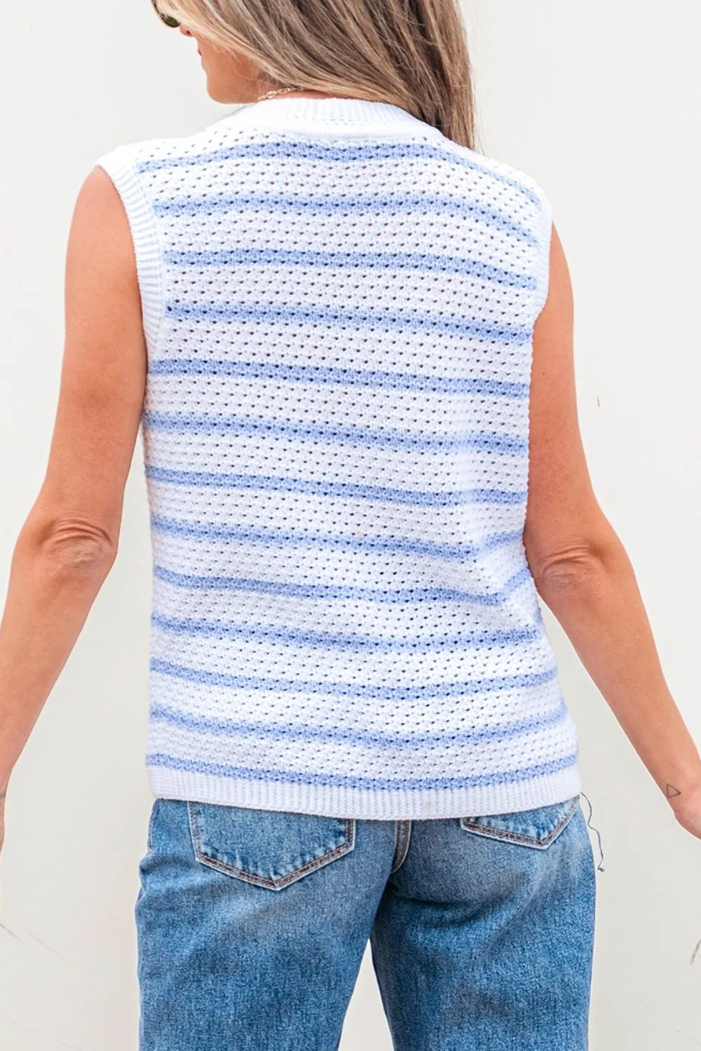Stripe V Neck Gold Buttons Elegant Sweater Vest - Image 2