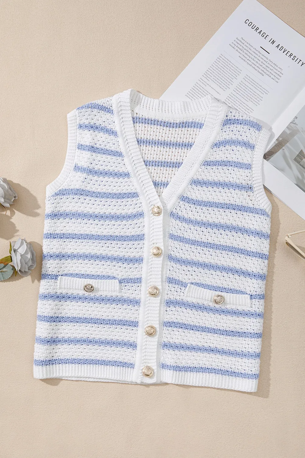 Stripe V Neck Gold Buttons Elegant Sweater Vest - Image 8