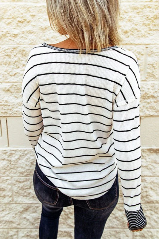 Stripe Waffle Knit Buttoned Henley Top - Image 2