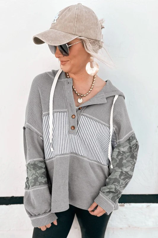 Stripe Waffle Patchwork Hooded Long Sleeve Top - Image 107