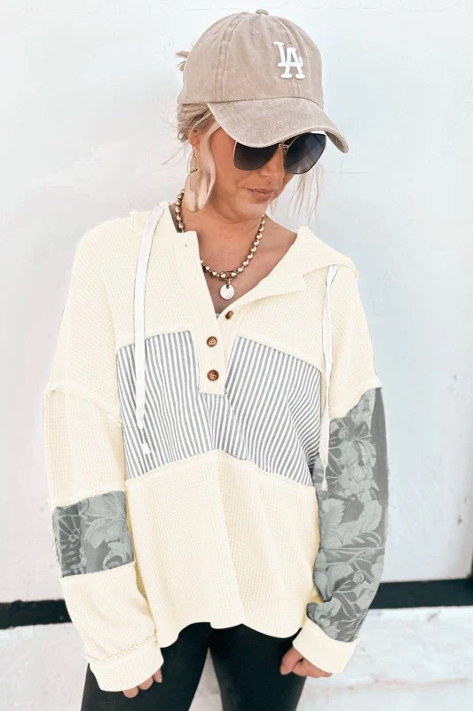Stripe Waffle Patchwork Hooded Long Sleeve Top - Image 124