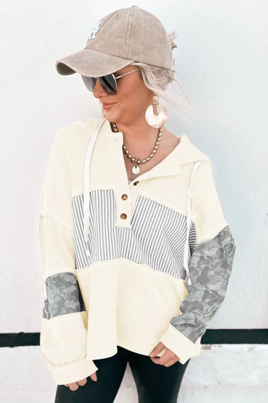 Stripe Waffle Patchwork Hooded Long Sleeve Top - Image 126