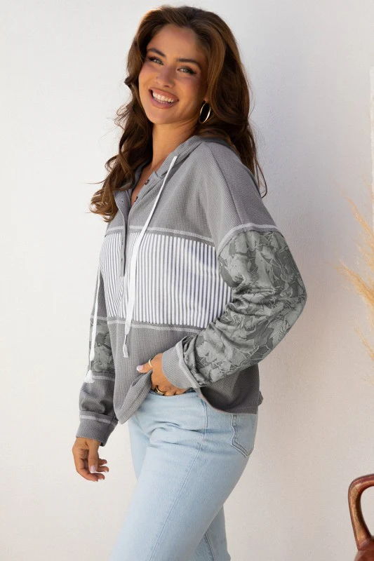 Stripe Waffle Patchwork Hooded Long Sleeve Top - Image 129