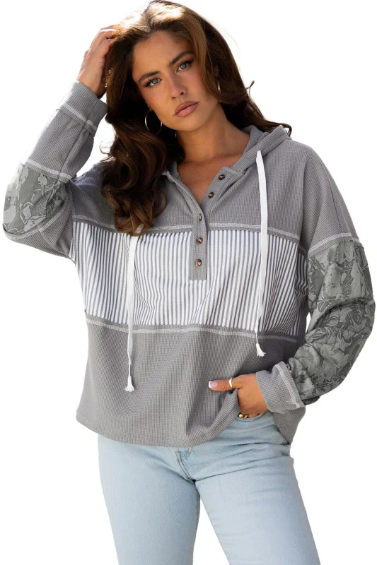 Stripe Waffle Patchwork Hooded Long Sleeve Top - Image 133