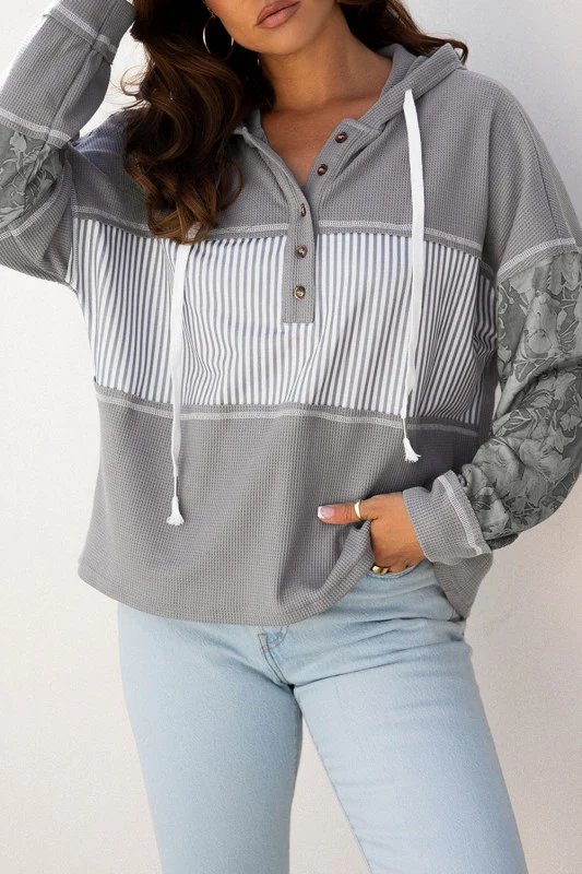 Stripe Waffle Patchwork Hooded Long Sleeve Top - Image 2