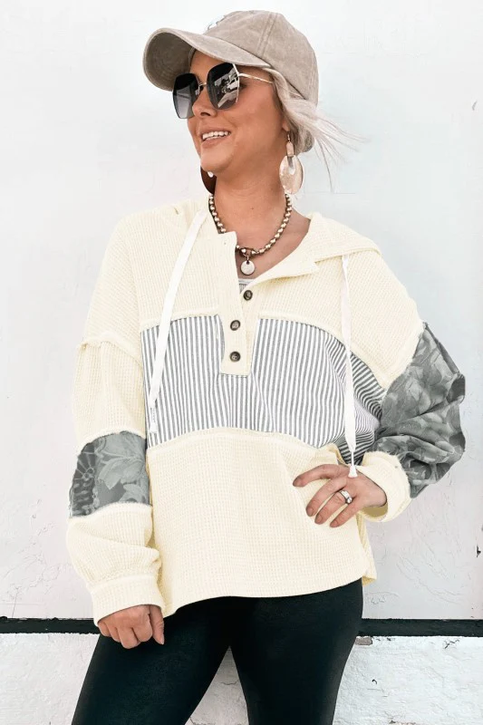 Stripe Waffle Patchwork Hooded Long Sleeve Top - Image 75