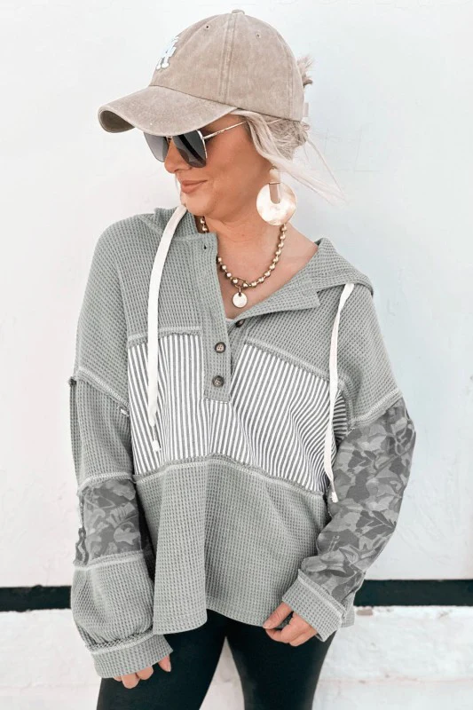 Stripe Waffle Patchwork Hooded Long Sleeve Top - Image 82