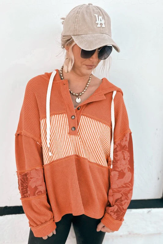 Stripe Waffle Patchwork Hooded Long Sleeve Top - Image 85