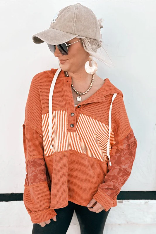 Stripe Waffle Patchwork Hooded Long Sleeve Top - Image 88