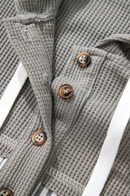 Stripe Waffle Patchwork Hooded Long Sleeve Top - Image 5