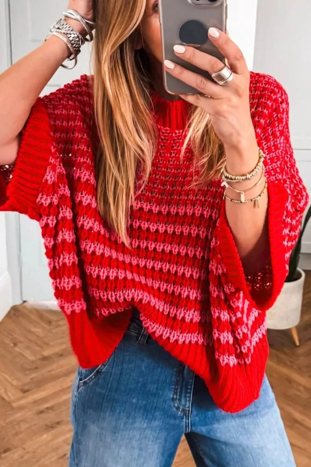 Stripe Wavy Crochet Eyelet Detail Ruffle Half Sleeve Sweater - Image 2