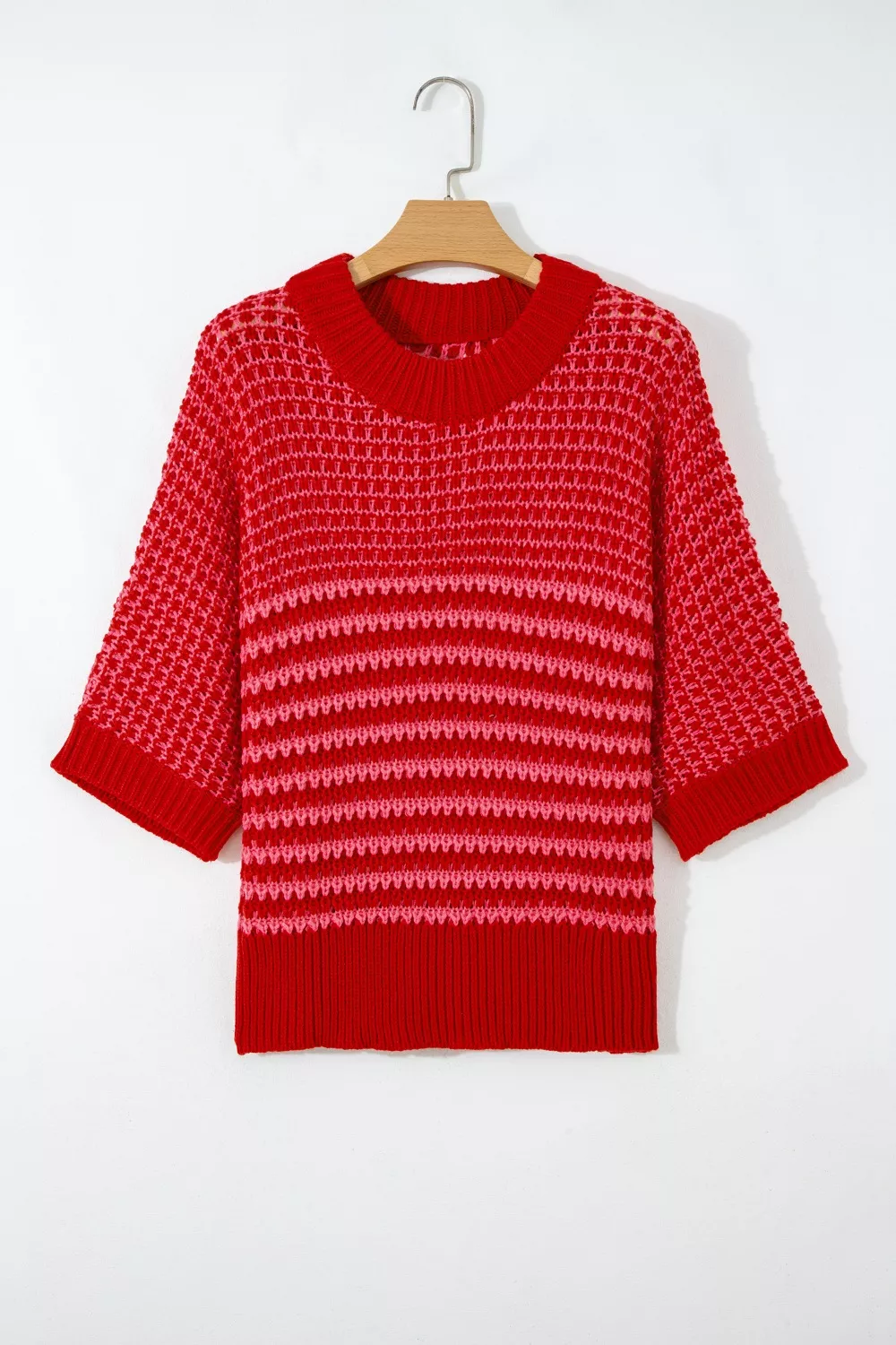Stripe Wavy Crochet Eyelet Detail Ruffle Half Sleeve Sweater - Image 4
