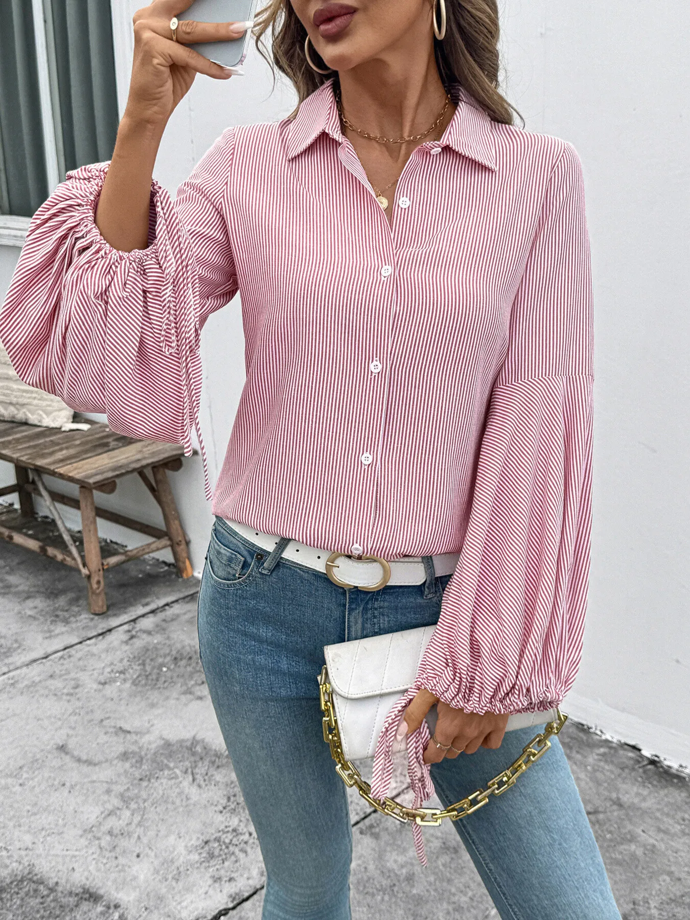 Striped Balloon Sleeve Button-Up Shirt - Image 5