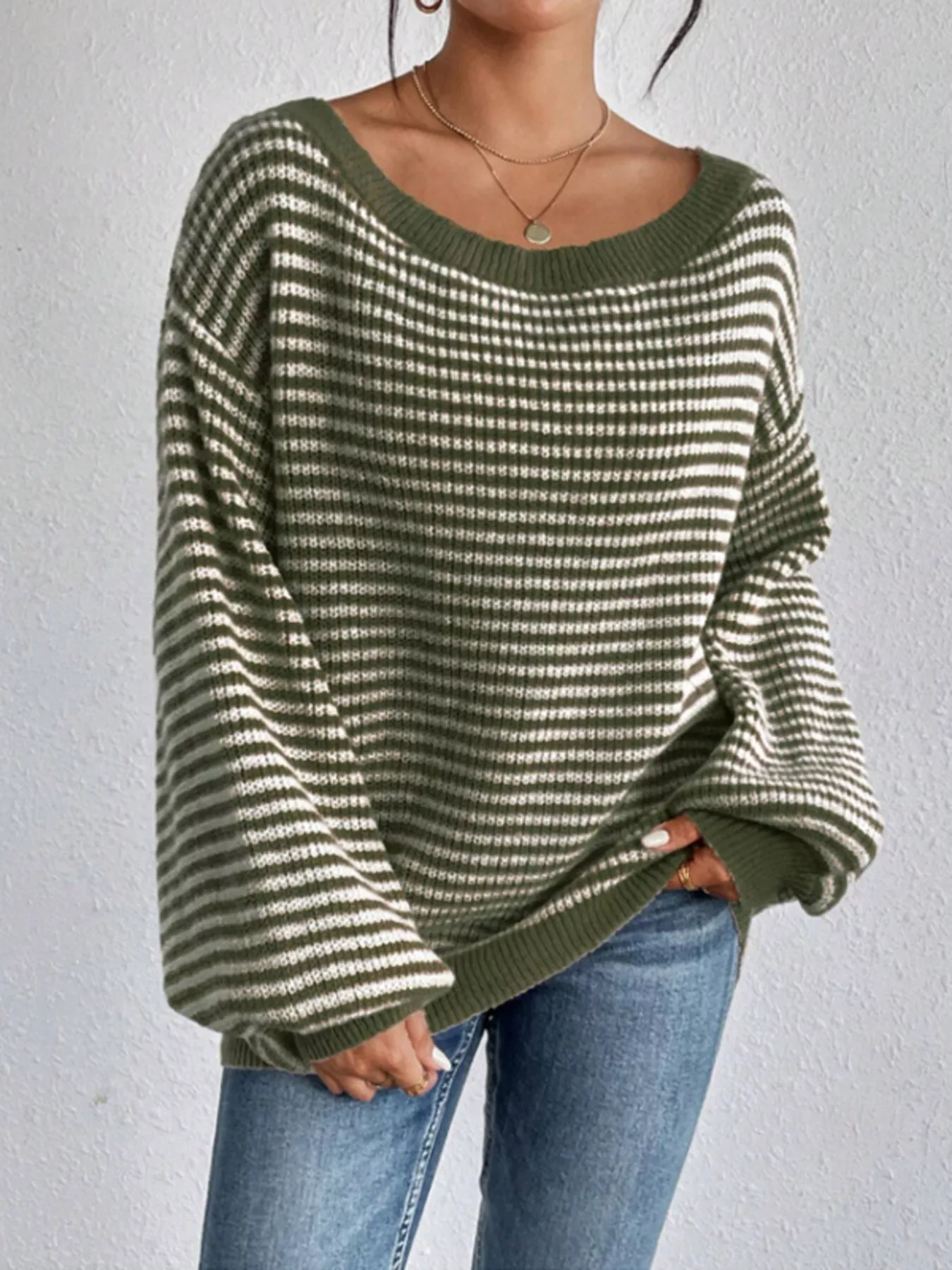 Striped Boat Neck Long Sleeve Sweater - Image 5