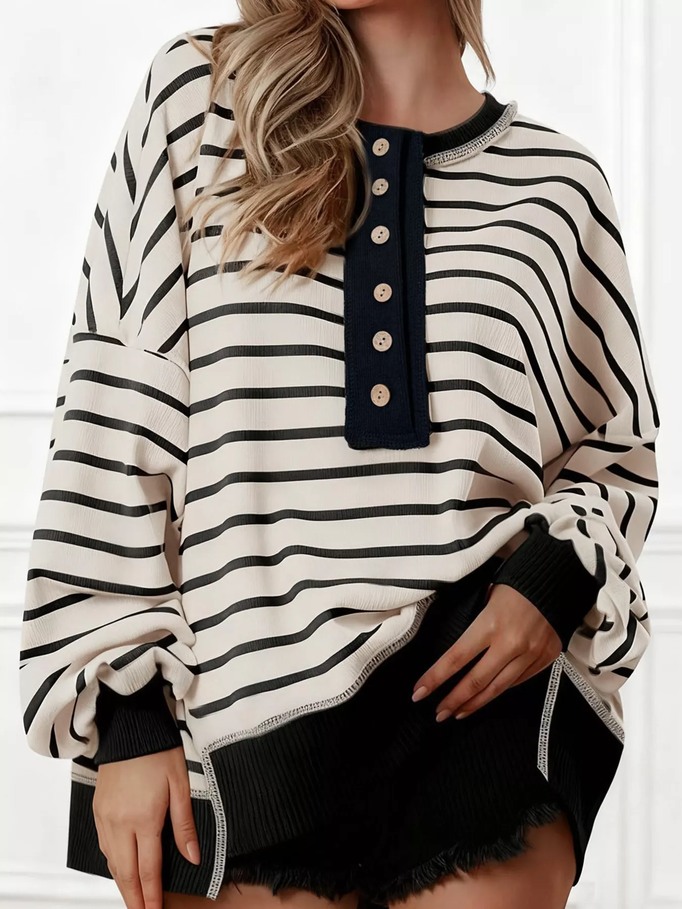Striped Button Detail Casual Sweatshirt