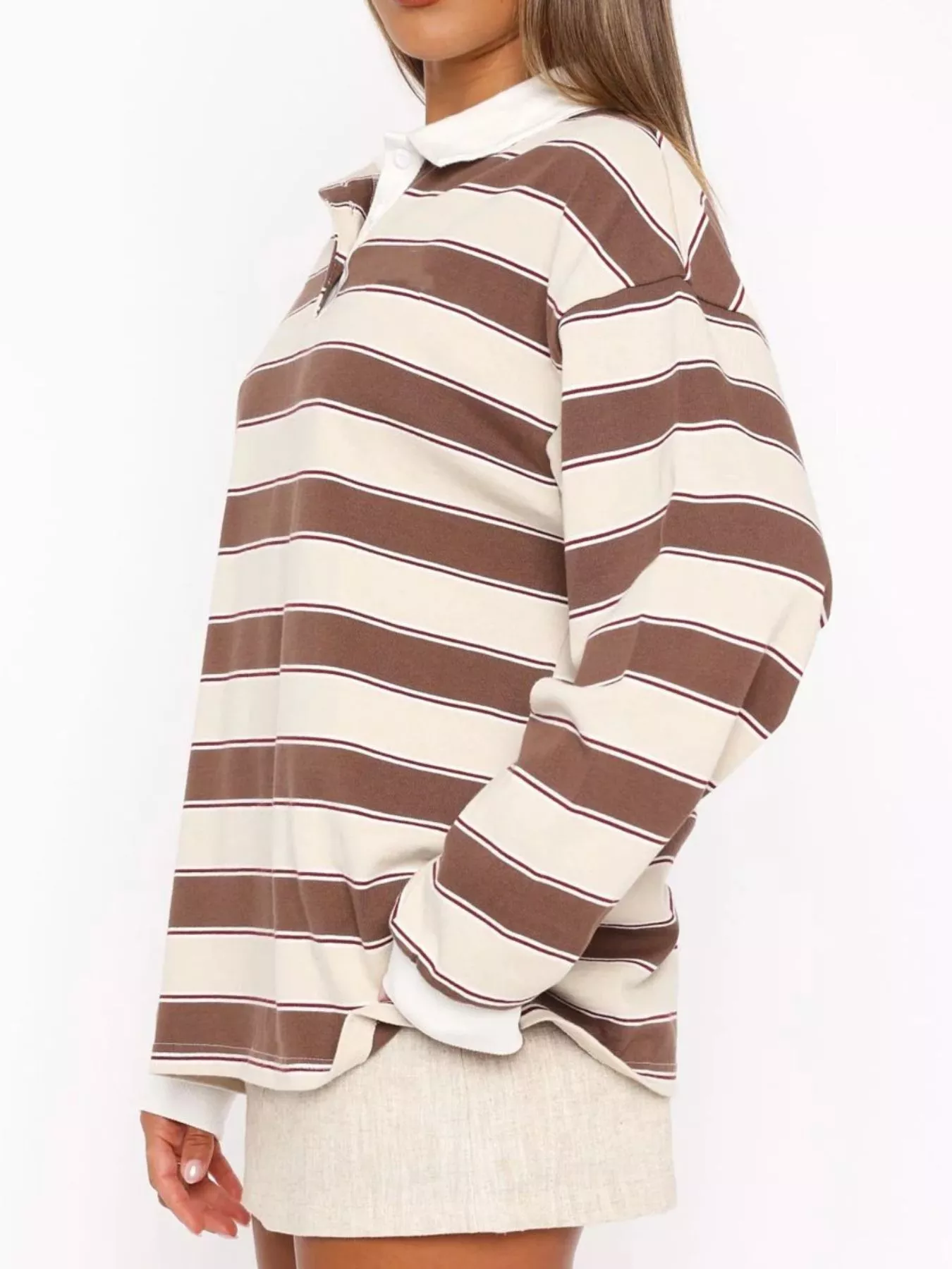 Striped Button Detail Long Sleeve Polo - Image 2