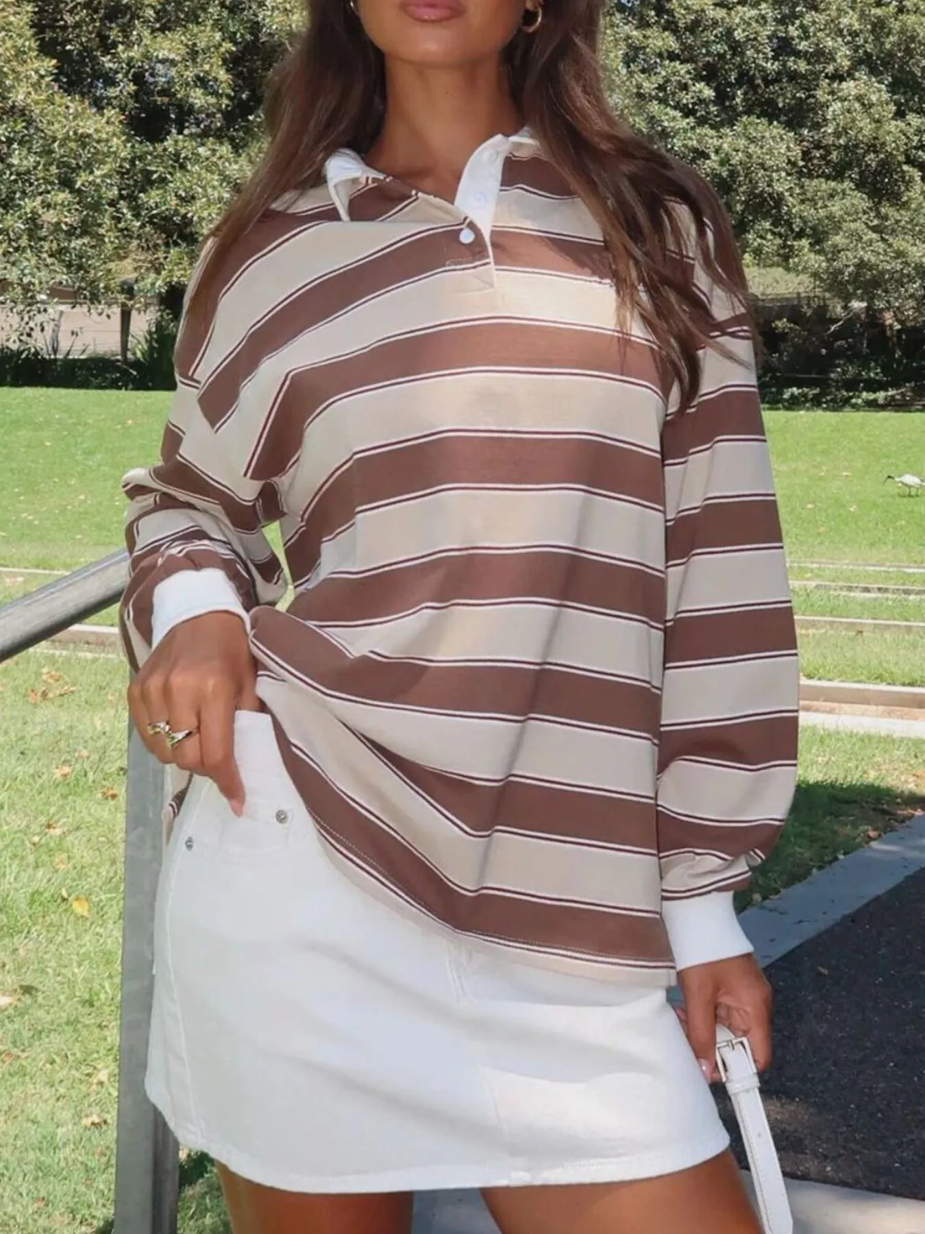 Striped Button Detail Long Sleeve Polo - Image 4