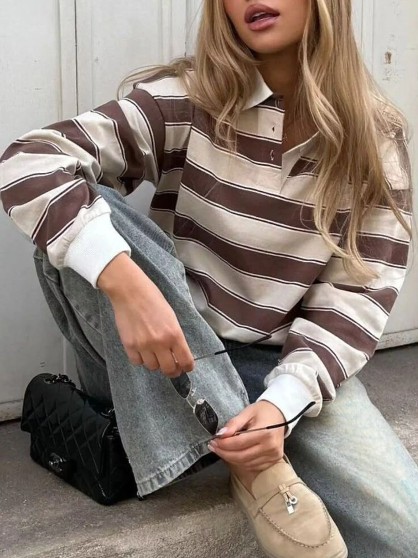 Striped Button Detail Long Sleeve Polo - Image 5