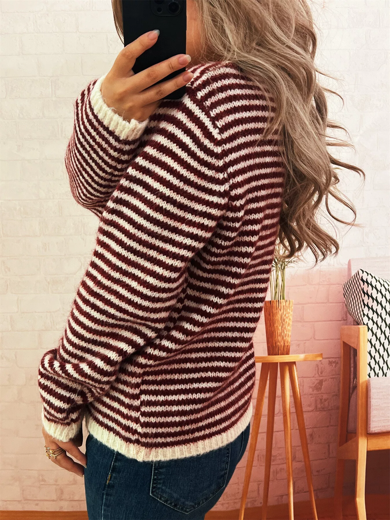 Striped Button Detail Long Sleeve Sweater - Image 4