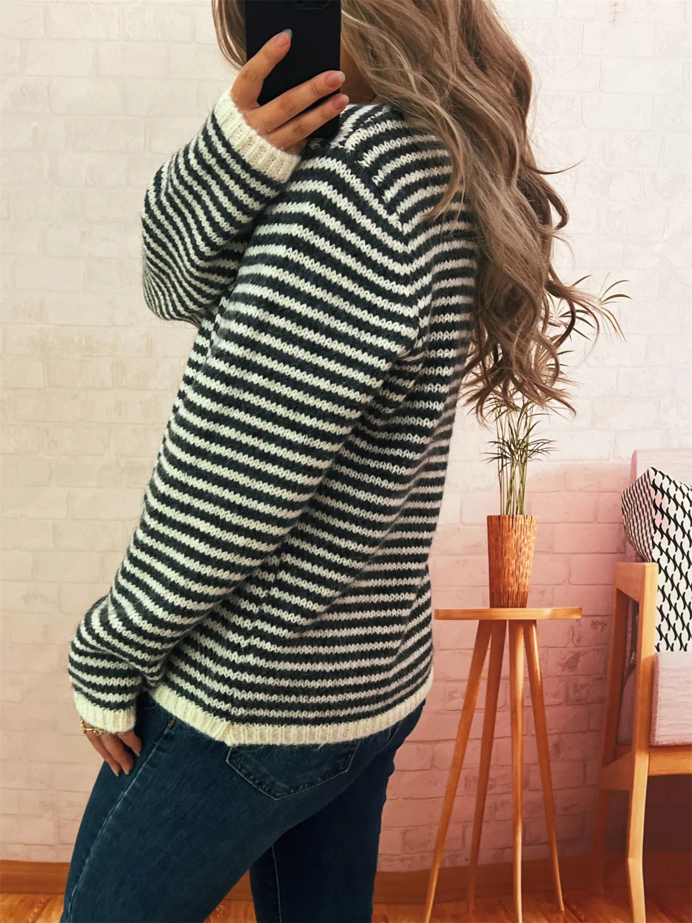 Striped Button Detail Long Sleeve Sweater - Image 8