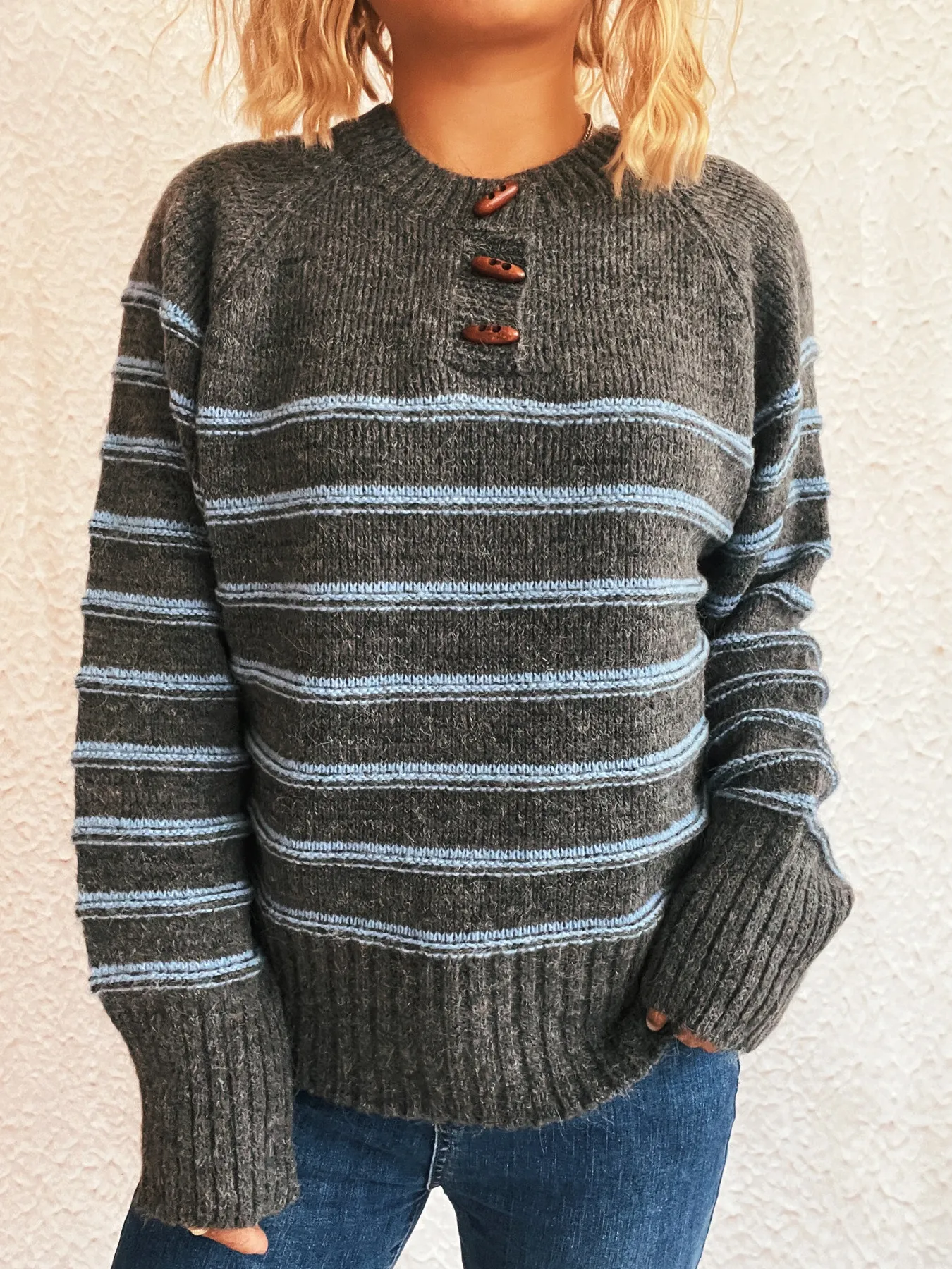Striped Button Detail Long Sleeve Sweater - Image 16
