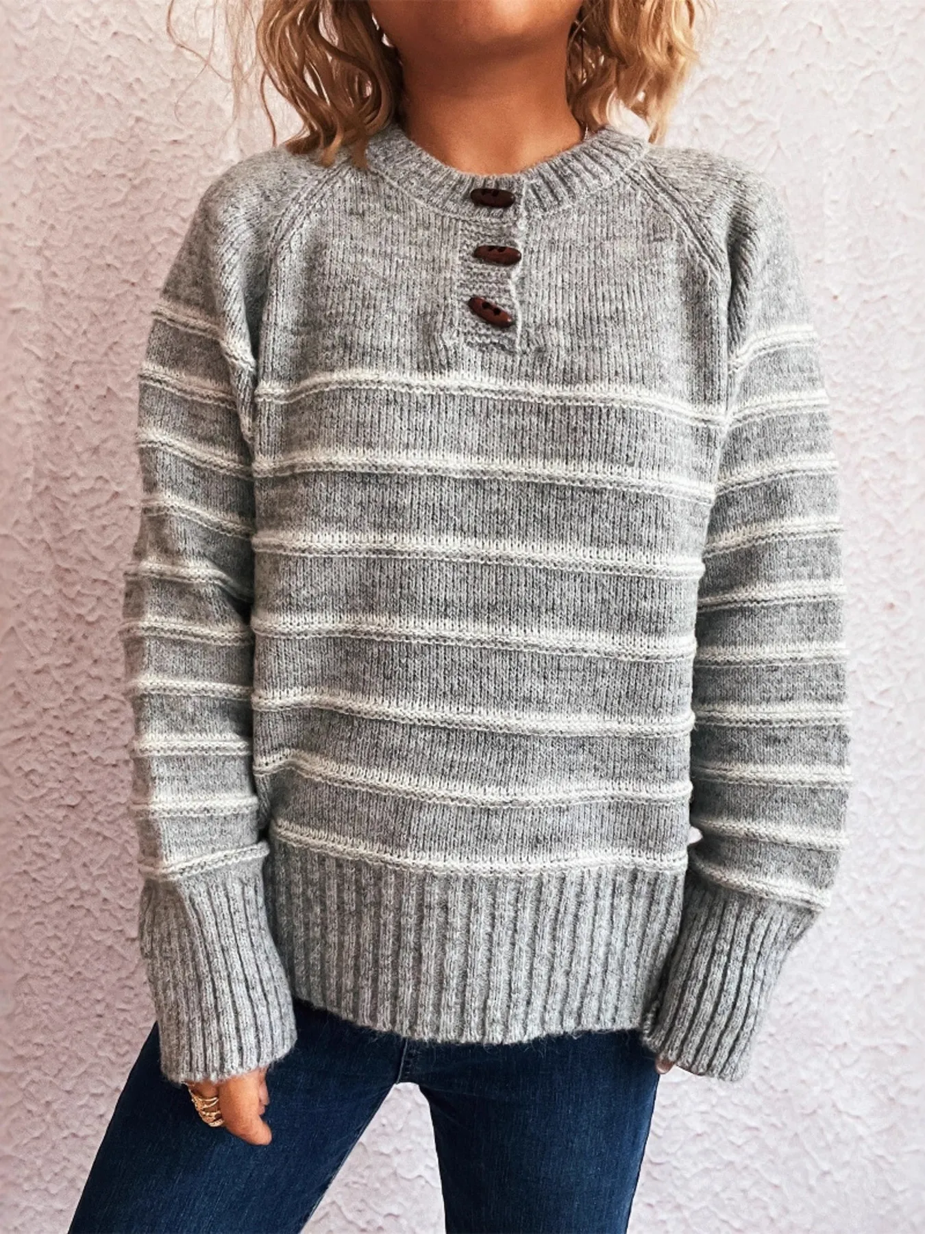Striped Button Detail Long Sleeve Sweater - Image 23