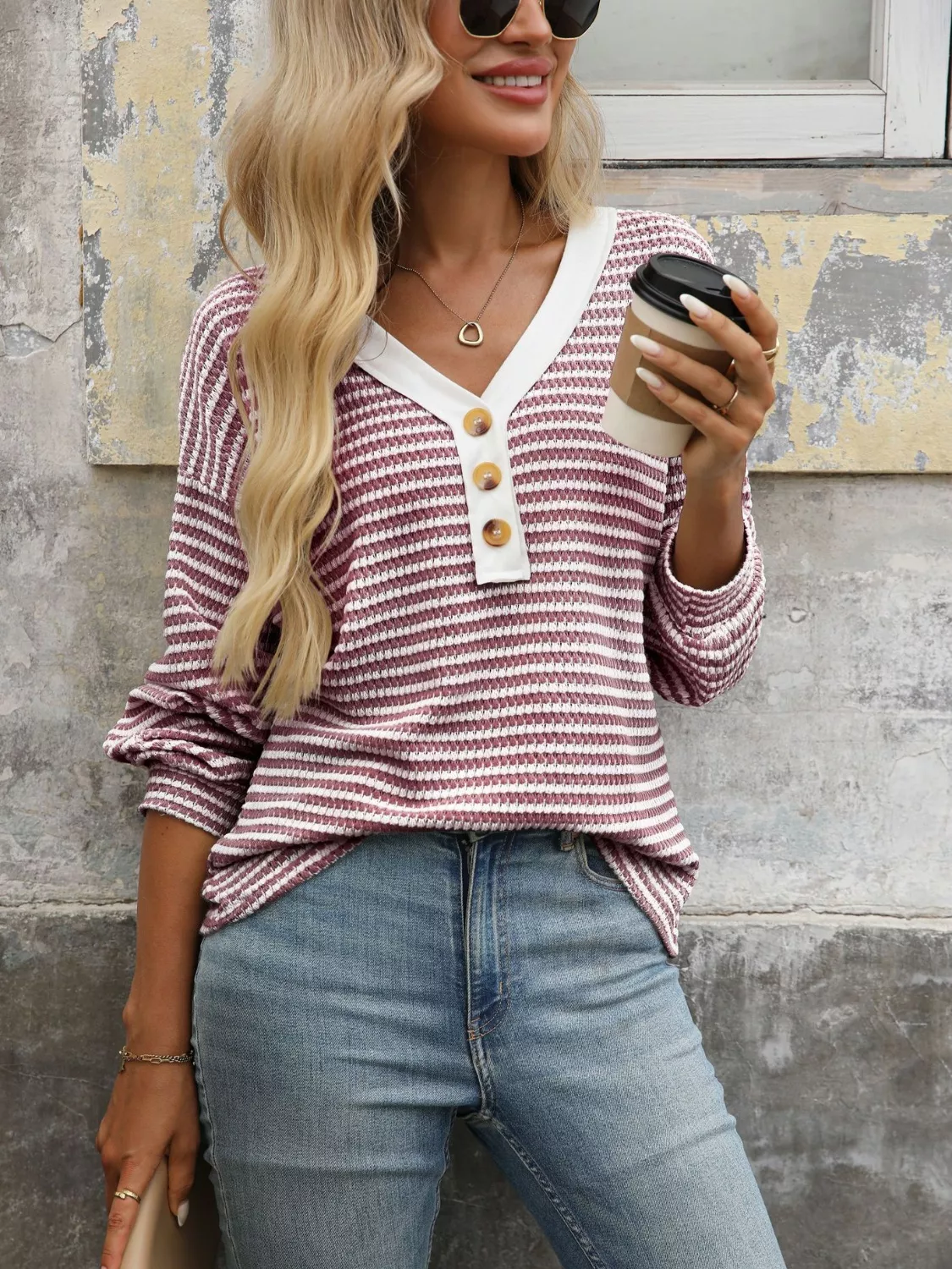 Striped Button Detail Long Sleeve T-Shirt - Image 11