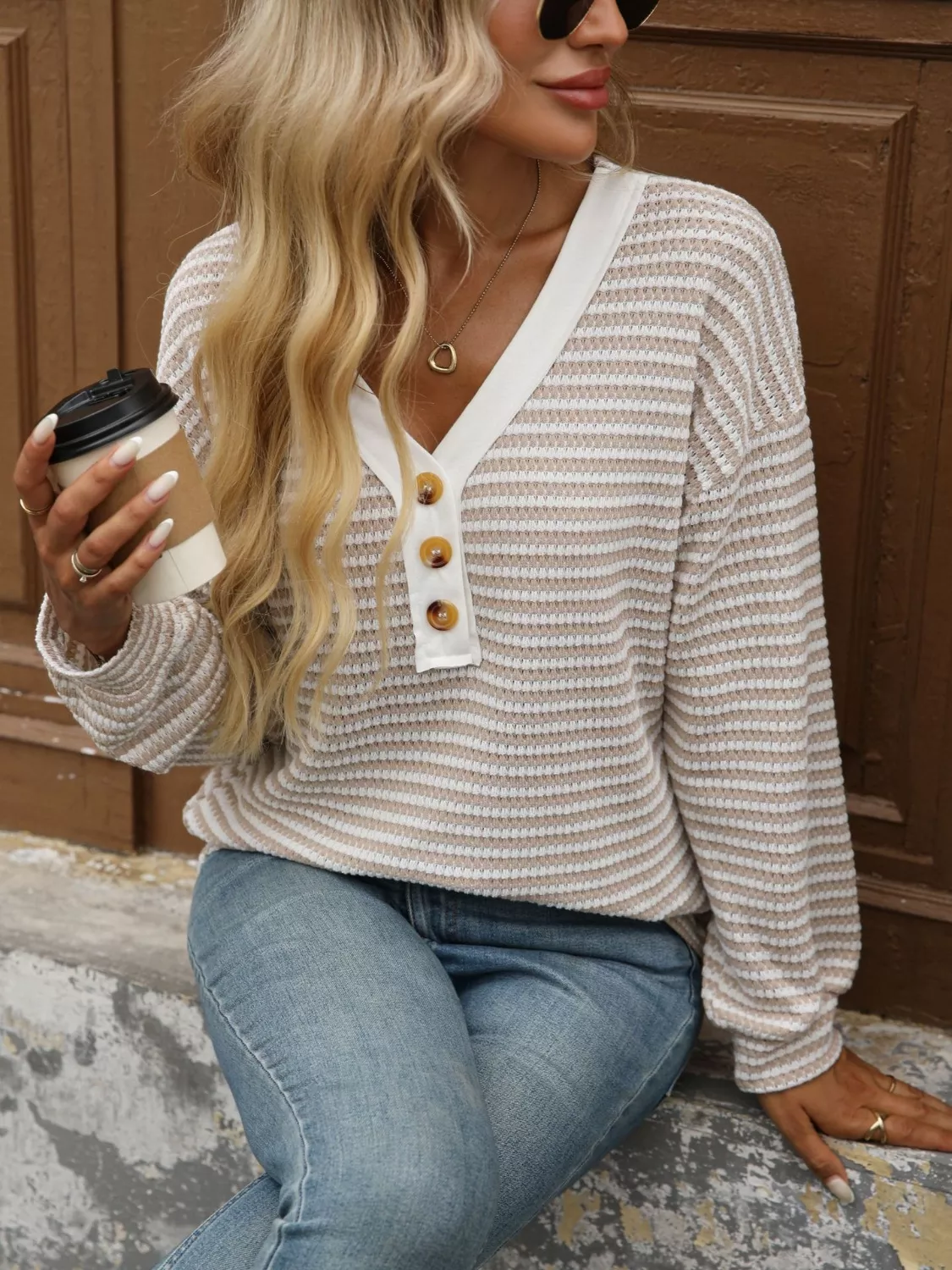 Striped Button Detail Long Sleeve T-Shirt - Image 6