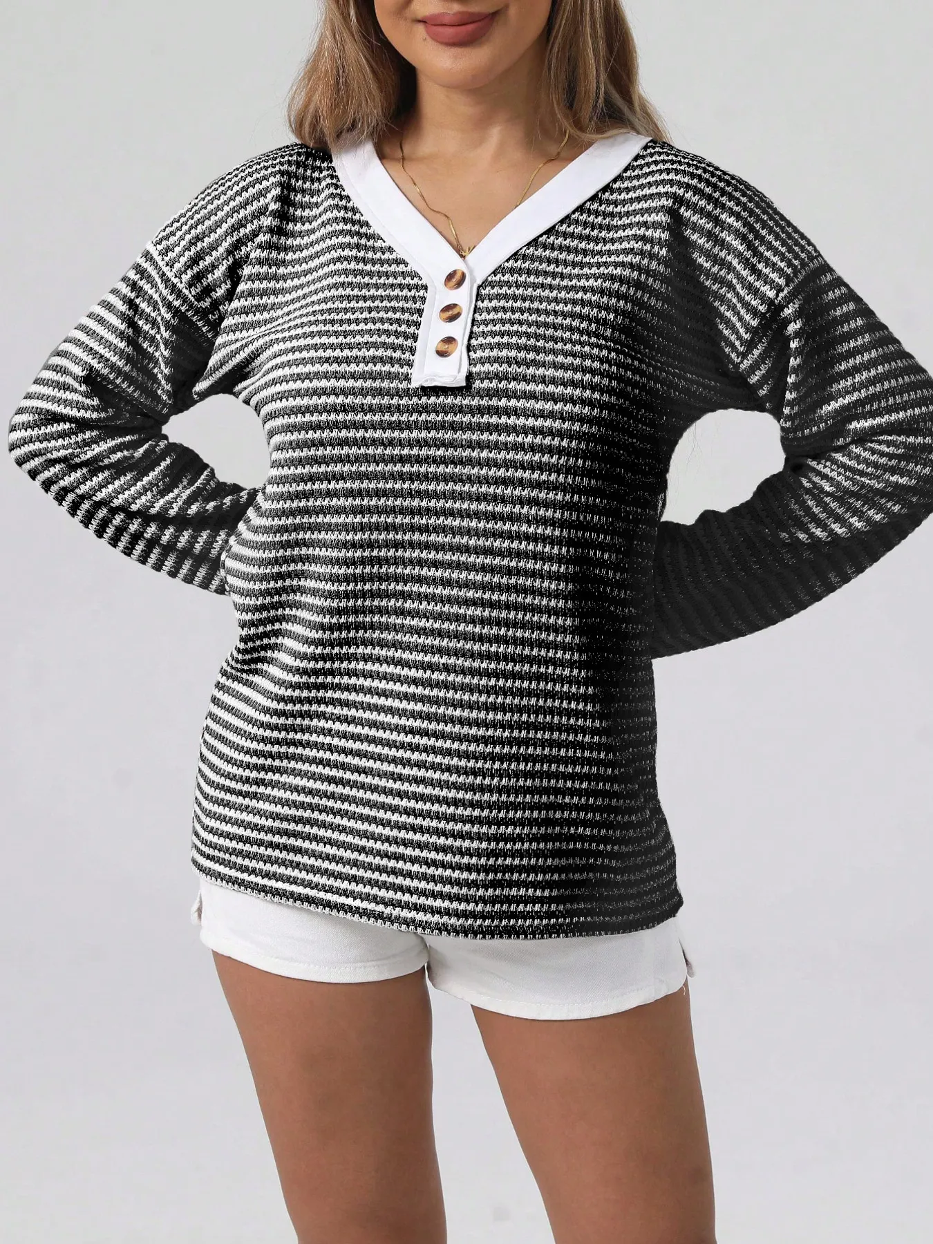 Striped Button Detail Long Sleeve Top - Image 7