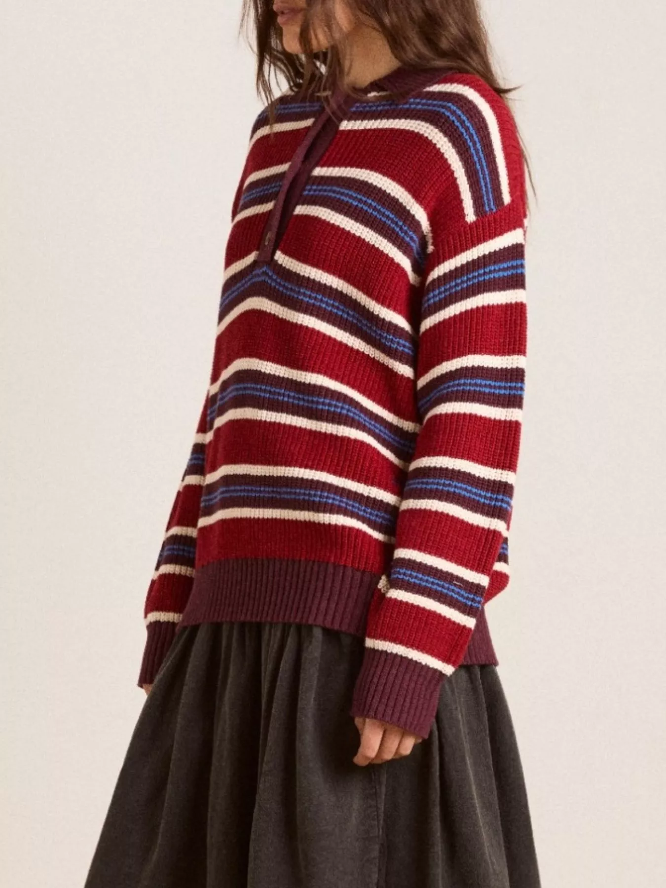 Striped Button Detail Polo Collar Sweater - Image 10